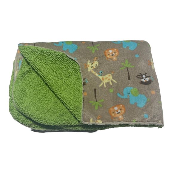 Just Born Brown Tan Baby Blanket Safari Zoo Jungle Animal Green Sherpa - Picture 2 of 7